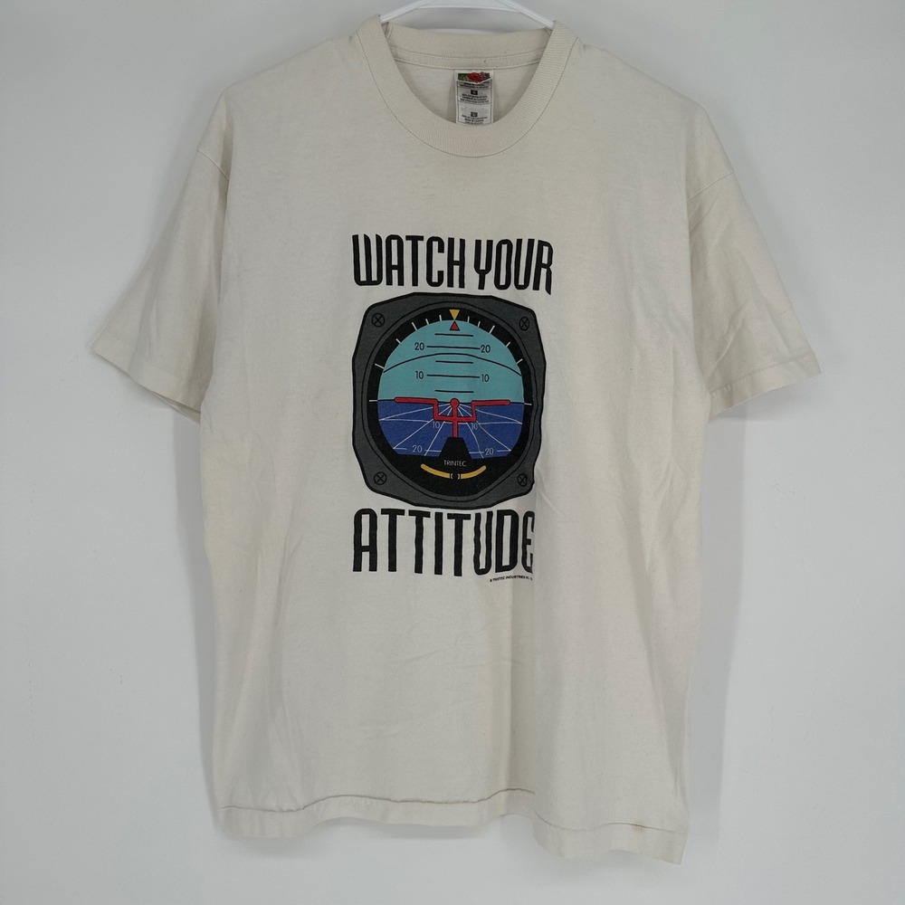Vintage 90s 1992 FOTL Watch Your Attitude Aviation T-Shirt Mens L Single Stitch
